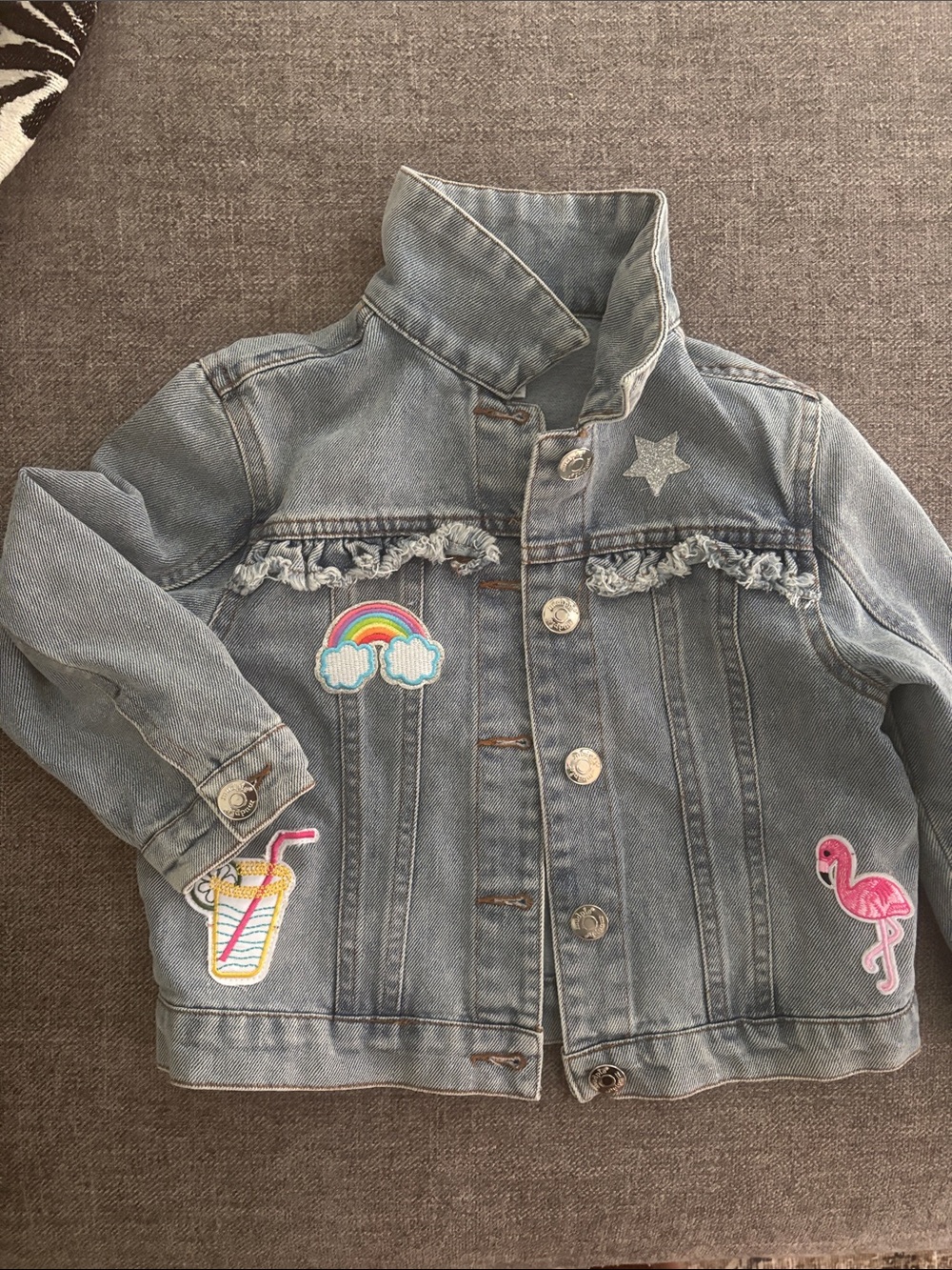 Kids Denim Jacket with Rainbow & Flamingo Patches - Blue